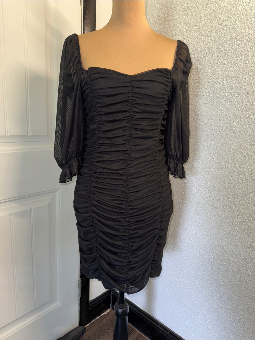 NWT Timing Black Ruched Square-Neck Mini Dress with Sheer Puff Sleeves